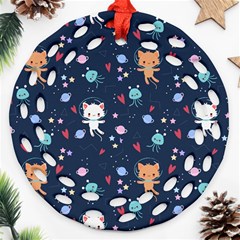 Cute-astronaut-cat-with-star-galaxy-elements-seamless-pattern Ornament (Round Filigree)