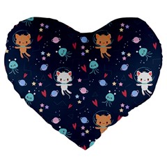 Cute-astronaut-cat-with-star-galaxy-elements-seamless-pattern Large 19  Premium Flano Heart Shape Cushions