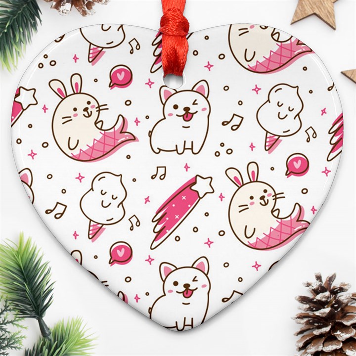 Cute-animals-seamless-pattern-kawaii-doodle-style Ornament (Heart)