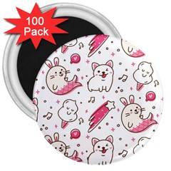 Cute-animals-seamless-pattern-kawaii-doodle-style 3  Magnets (100 Pack) by Jancukart