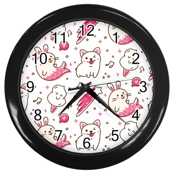 Cute-animals-seamless-pattern-kawaii-doodle-style Wall Clock (Black)