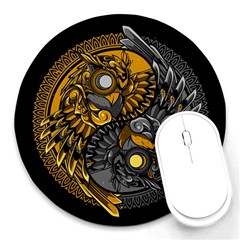 Yin-yang-owl-doodle-ornament-illustration Round Mousepad by Jancukart