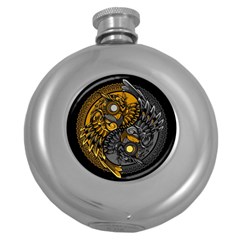 Yin-yang-owl-doodle-ornament-illustration Round Hip Flask (5 Oz) by Jancukart