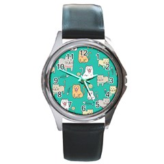 Seamless-pattern-cute-cat-cartoon-with-hand-drawn-style Round Metal Watch