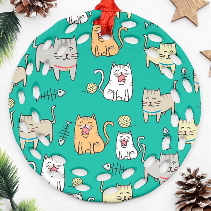 Seamless-pattern-cute-cat-cartoon-with-hand-drawn-style Round Filigree Ornament (Two Sides)