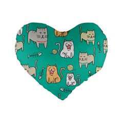 Seamless-pattern-cute-cat-cartoon-with-hand-drawn-style Standard 16  Premium Flano Heart Shape Cushions