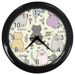 Funny Cartoon Cats Seamless Pattern Wall Clock (black)