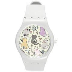 Funny Cartoon Cats Seamless Pattern Round Plastic Sport Watch (m)