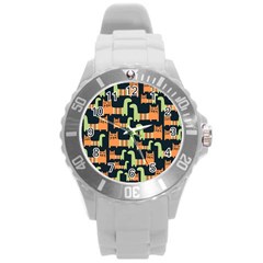 Seamless-pattern-with-cats Round Plastic Sport Watch (l)