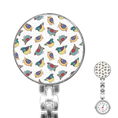 Seamless-pattern-with-hand-drawn-bird-black Stainless Steel Nurses Watch