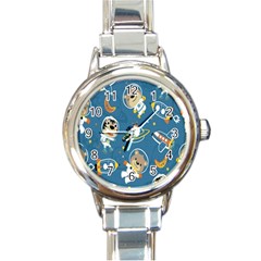 Seamless-pattern-funny-astronaut-outer-space-transportation Round Italian Charm Watch