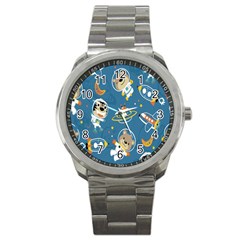 Seamless-pattern-funny-astronaut-outer-space-transportation Sport Metal Watch