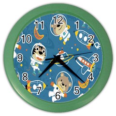 Seamless-pattern-funny-astronaut-outer-space-transportation Color Wall Clock