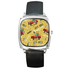 Childish-seamless-pattern-with-dino-driver Square Metal Watch