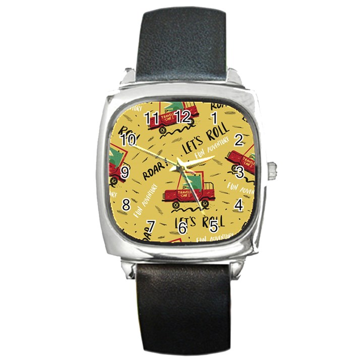 Childish-seamless-pattern-with-dino-driver Square Metal Watch