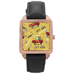 Childish-seamless-pattern-with-dino-driver Rose Gold Leather Watch 