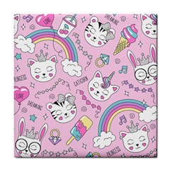 Beautiful Cute Animals Pattern Pink Beautiful Cute Animals Pattern Pink Rainbow Tile Coaster