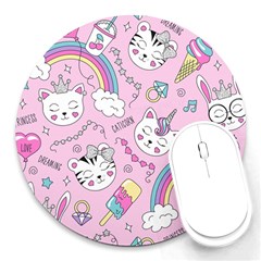 Beautiful Cute Animals Pattern Pink Beautiful Cute Animals Pattern Pink Rainbow Round Mousepad