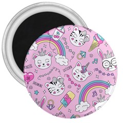 Beautiful Cute Animals Pattern Pink Beautiful Cute Animals Pattern Pink Rainbow 3  Magnets