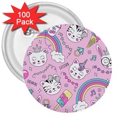 Beautiful Cute Animals Pattern Pink Beautiful Cute Animals Pattern Pink Rainbow 3  Buttons (100 Pack) 