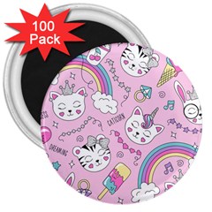 Beautiful Cute Animals Pattern Pink Beautiful Cute Animals Pattern Pink Rainbow 3  Magnets (100 Pack)