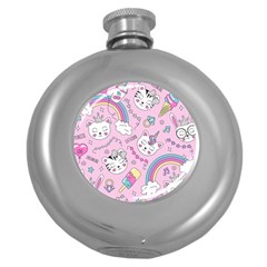 Beautiful Cute Animals Pattern Pink Beautiful Cute Animals Pattern Pink Rainbow Round Hip Flask (5 Oz) by Jancukart