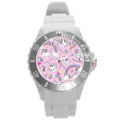 Beautiful Cute Animals Pattern Pink Beautiful Cute Animals Pattern Pink Rainbow Round Plastic Sport Watch (l) by Jancukart