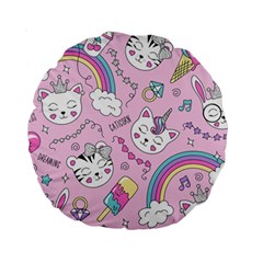 Beautiful Cute Animals Pattern Pink Beautiful Cute Animals Pattern Pink Rainbow Standard 15  Premium Round Cushions