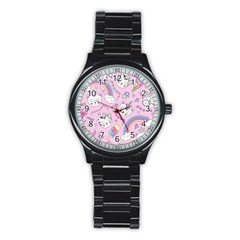 Beautiful Cute Animals Pattern Pink Beautiful Cute Animals Pattern Pink Rainbow Stainless Steel Round Watch