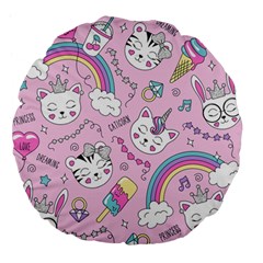 Beautiful Cute Animals Pattern Pink Beautiful Cute Animals Pattern Pink Rainbow Large 18  Premium Flano Round Cushions by Jancukart