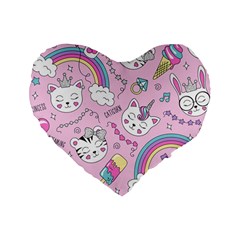 Beautiful Cute Animals Pattern Pink Beautiful Cute Animals Pattern Pink Rainbow Standard 16  Premium Flano Heart Shape Cushions