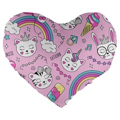 Beautiful Cute Animals Pattern Pink Beautiful Cute Animals Pattern Pink Rainbow Large 19  Premium Flano Heart Shape Cushions