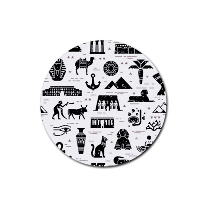 Dark-seamless-pattern-symbols-landmarks-signs-egypt --- Rubber Coaster (Round)