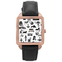 Dark-seamless-pattern-symbols-landmarks-signs-egypt --- Rose Gold Leather Watch 