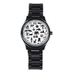 Dark-seamless-pattern-symbols-landmarks-signs-egypt --- Stainless Steel Round Watch