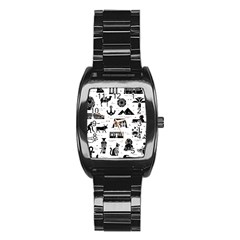 Dark-seamless-pattern-symbols-landmarks-signs-egypt --- Stainless Steel Barrel Watch