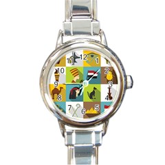 Egypt-travel-items-icons-set-flat-style Round Italian Charm Watch