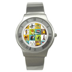 Egypt-travel-items-icons-set-flat-style Stainless Steel Watch