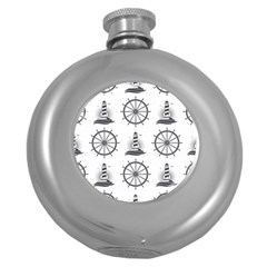 Marine-nautical-seamless-pattern-with-vintage-lighthouse-wheel Round Hip Flask (5 Oz) by Jancukart