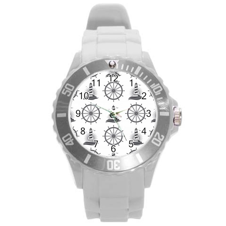 Marine-nautical-seamless-pattern-with-vintage-lighthouse-wheel Round Plastic Sport Watch (L)