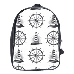 Marine-nautical-seamless-pattern-with-vintage-lighthouse-wheel School Bag (xl) by Jancukart