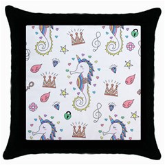 Seamless-pattern-cute-unicorn-cartoon-hand-drawn Throw Pillow Case (black)