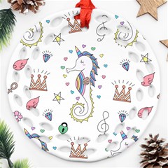 Seamless-pattern-cute-unicorn-cartoon-hand-drawn Ornament (round Filigree)