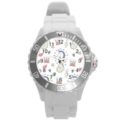 Seamless-pattern-cute-unicorn-cartoon-hand-drawn Round Plastic Sport Watch (l)