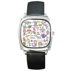 Fantasy-things-doodle-style-vector-illustration Square Metal Watch