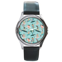 Beach-surfing-surfers-with-surfboards-surfer-rides-wave-summer-outdoors-surfboards-seamless-pattern- Round Metal Watch