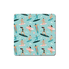 Beach-surfing-surfers-with-surfboards-surfer-rides-wave-summer-outdoors-surfboards-seamless-pattern- Square Magnet by Jancukart