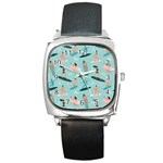 Beach-surfing-surfers-with-surfboards-surfer-rides-wave-summer-outdoors-surfboards-seamless-pattern- Square Metal Watch Front