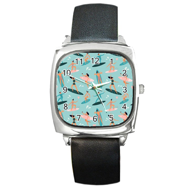 Beach-surfing-surfers-with-surfboards-surfer-rides-wave-summer-outdoors-surfboards-seamless-pattern- Square Metal Watch