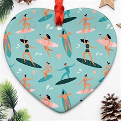 Beach-surfing-surfers-with-surfboards-surfer-rides-wave-summer-outdoors-surfboards-seamless-pattern- Heart Ornament (two Sides)